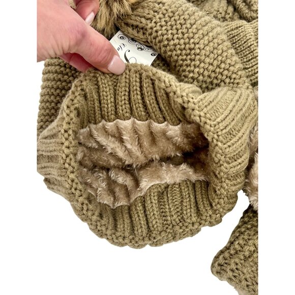 NWT Taupe 3 Piece Winter Faux Fur Lined Cozy Pom Pom Beanie Hat Infinity Scarf & - Picture 4 of 6